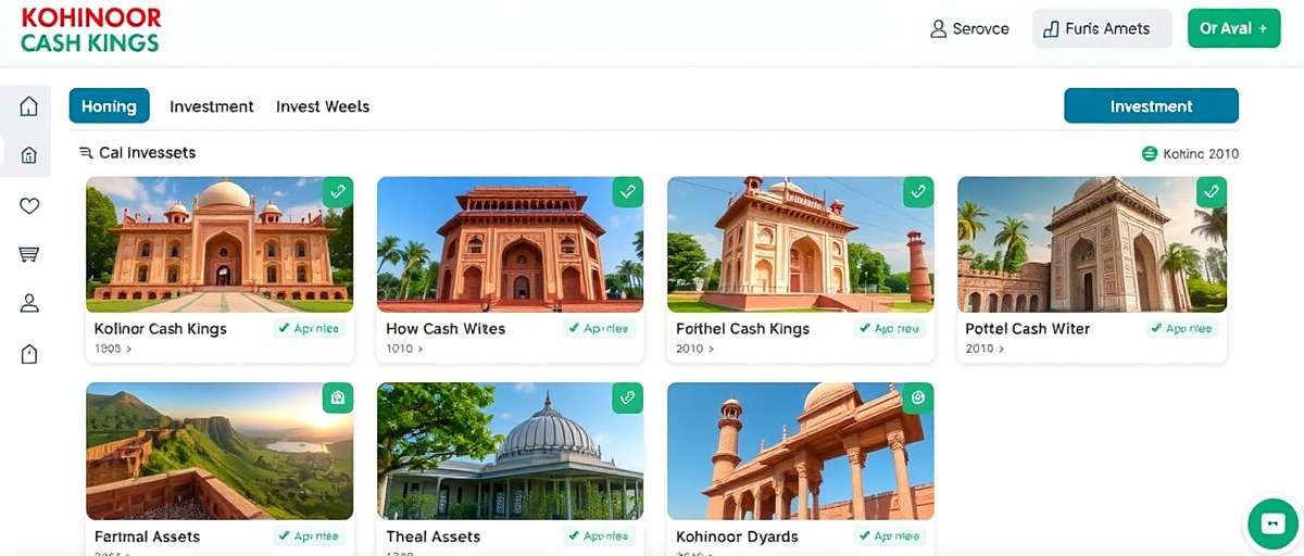 Kohinoor Cash Kings investment screen showing various Indian assets available for investment