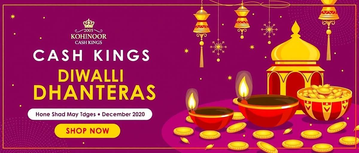 Kohinoor Cash Kings Diwali Dhanteras event poster showing gold and wealth symbols
