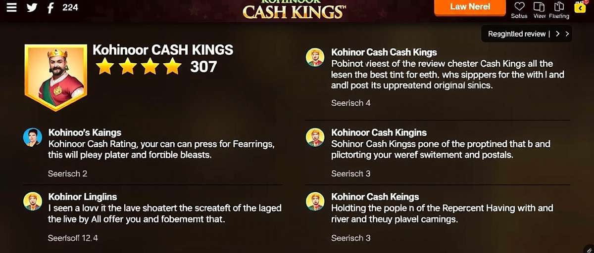 Kohinoor Cash Kings player review screenshot showing 5-star rating and positive comments