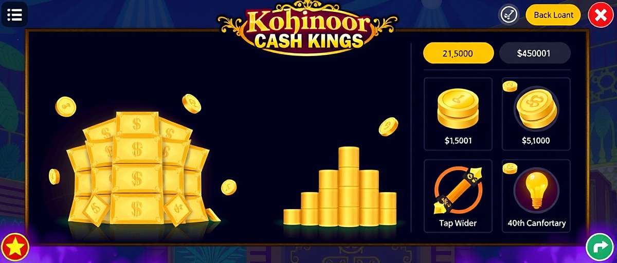 Kohinoor Cash Kings game interface showing a player's wealth dashboard with Indian currency and assets